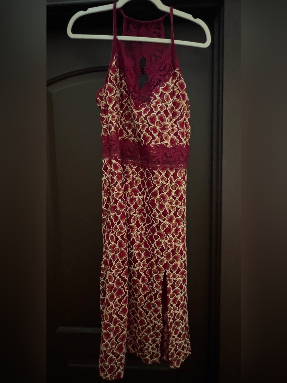 Burgundy Lace Halter Maxi Dress with Ivory Floral Overlay by Joyfolie